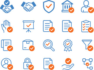 Collection of icons representing legal compliance, business agreements, and certified processes on white background