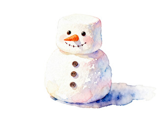 Snowman Watercolor Delight: An adorable snowman crafted from a snowy canvas, wearing a carrot nose and button eyes, embodies winter cheer with a painted shadow that adds depth and whimsical charm.