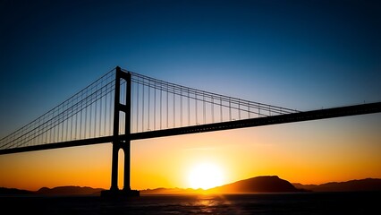 converging. A dramatic silhouette of a suspension bridge at golden hour, backlit by the setting sun. mobility guides, transit brochures, designed for transport & logistics marketing.