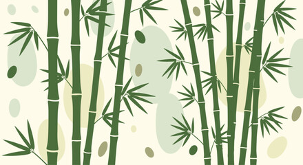 Fototapeta premium A tranquil and artistic background of dark green bamboo stalks and leaves with abstract neutral-colored shapes creating depth.