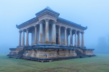 Obraz premium A fog-covered ancient temple with grand columns stands solemnly in a serene landscape, evoking a sense of mystery and historic beauty.