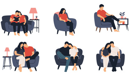 Set of couple sitting on sofa and armchair in various poses