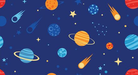 Colorful and fun seamless outer space pattern for kids with cartoon planets stars comets and constellations on a blue background.