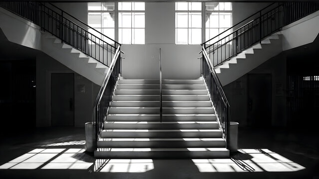 A brightly lit staircase with two identical railings casting symmetrical shadows forming strict minimal geometry