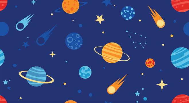 Colorful and fun seamless outer space pattern for kids with cartoon planets stars comets and constellations on a blue background.