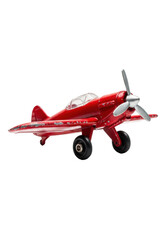 a hyper-detailed macro shot of a glossy, slightly worn candy-apple red vintage die-cast metal toy airplane positioned dynamically on a transparent background. Concept of classic aviation nostalgia