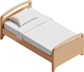 Isometric illustration of a modern single bed with wooden frame, mattress, pillow and bedding, minimal bedroom furniture design concept
