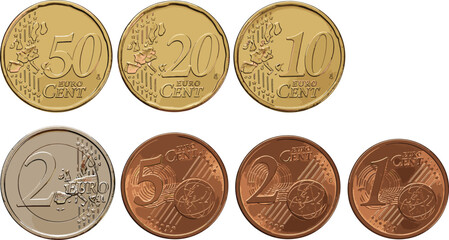 Realistic vector illustration of European euro coins including cents and euro denominations for finance, banking, currency, and money-related designs.