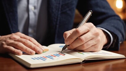 Businessman analyzing financial charts in a notebook with a fountain pen