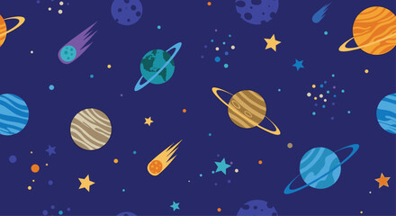 Vibrant and playful seamless space pattern with colorful cartoon planets stars and comets on a deep blue background for kids.