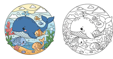 Cute cartoon blue whale and colorful fish swimming underwater. Vector circular illustration of marine life and ocean nature.