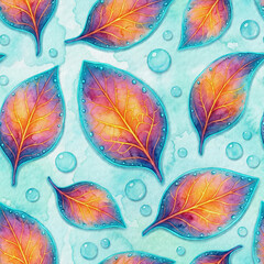 Neon Gradient Watercolor Leaves with Blue Water Drops Seamless Pattern, Orange Purple Autumn Leaf