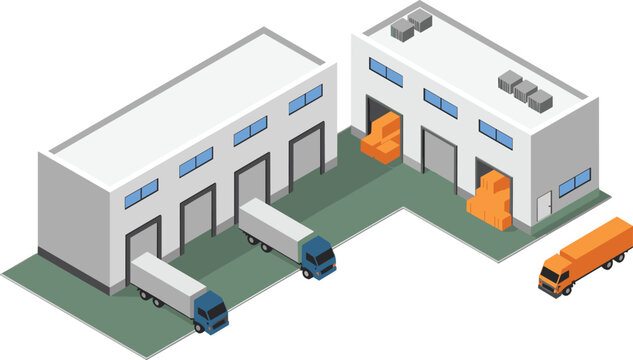 Isometric illustration of modern warehouse distribution center with loading docks, trucks, cargo pallets, storage buildings and logistics transportation operations