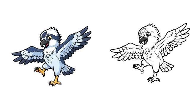 Cute cartoon osprey bird spreading wings. Vector illustration of a happy sea hawk or eagle mascot character isolated on white background.