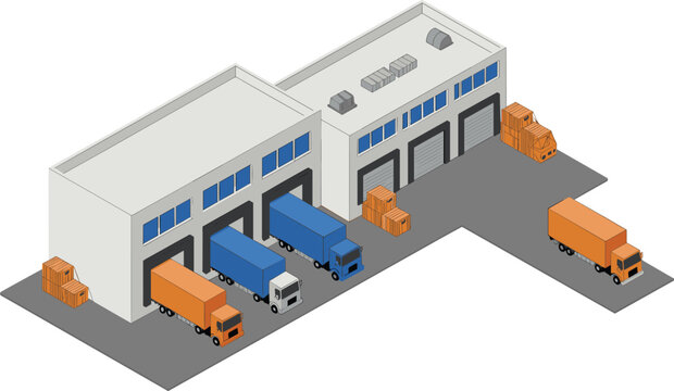 Isometric illustration of modern warehouse distribution center with loading docks, trucks, cargo pallets, storage buildings and logistics transportation operations