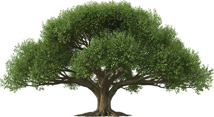 Large, Sprawling, Majestic Green Tree with a Broad Crown and Detailed Trunk, Isolated on a White Background, Nature, Vector, Oak, Life