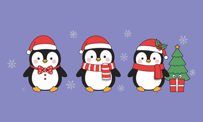 Three Cute Cartoon Penguins Wearing Santa Hats, Scarf, and Bow Tie on a Lavender Background with Snowflakes, Christmas, Winter Holiday, Vector