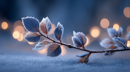 frosty winter leaves with sparkling snow, frozen branch closeup with icy details