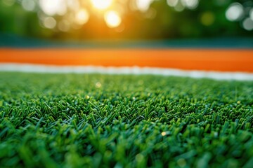 Naklejka premium A close-up of synthetic grass illuminated by sunlight, showcasing vibrant green blades against a blurred backdrop of an athletic field.