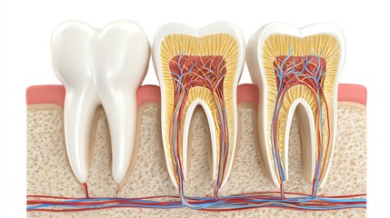 Human teeth anatomy with nerves and roots, isolate white background