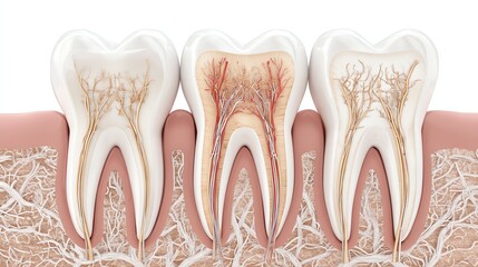 Human teeth anatomy with nerves and roots, isolate white background