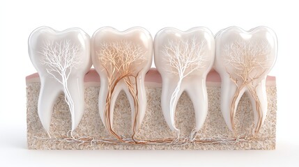 Human teeth anatomy with nerves and roots, isolate white background