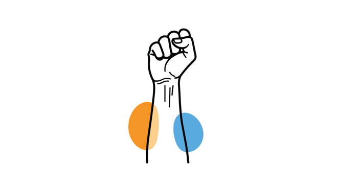 Line art illustration of a raised clenched fist a symbol of protest and revolution with two colorful circles in the background.