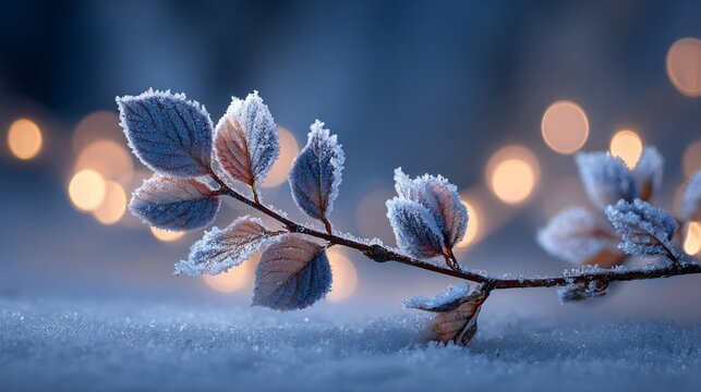 frosty winter leaves with sparkling snow, frozen branch closeup with icy details - Powered by Adobe