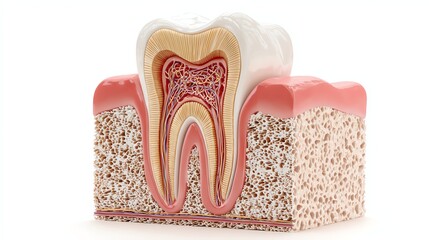 Human tooth cross-section showing enamel and dentin, isolate white background