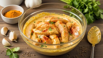 Marinated chicken strips in spiced yogurt with cilantro and turmeric