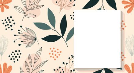 Abstract botanical background with various leaves and dots in warm earthy tones and a white rectangle for text or an image.