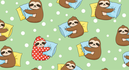 Naklejka premium Cute seamless pattern of adorable sloths sleeping and hugging pillows on a green background with white polka dots for bedtime.