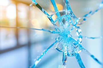 A close-up photo of shattered glass, showing intricate cracks and reflections, highlighting the beauty in destruction and fragility.