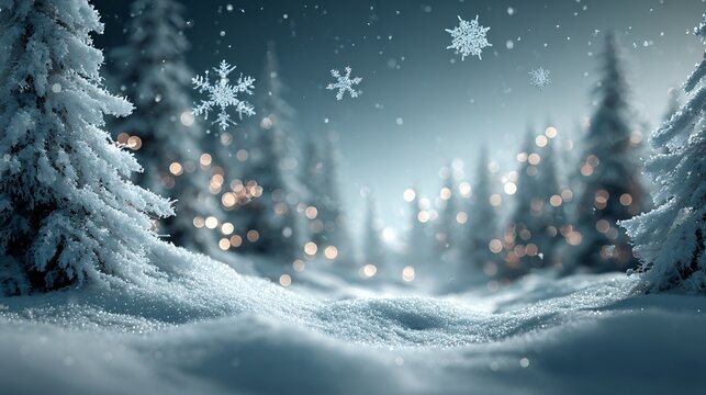 snowy winter forest with glowing lights, frosty pine trees in peaceful winter scene - Powered by Adobe