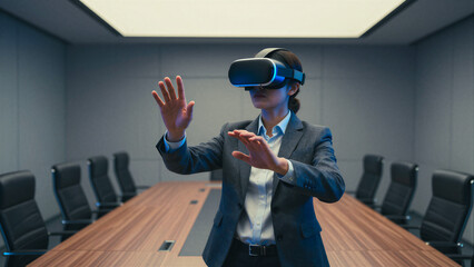 Businesswoman Experiencing Virtual Reality in a Modern Conference Room