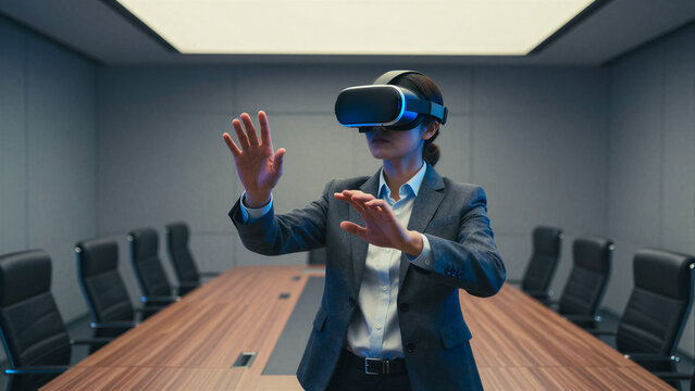 Businesswoman Experiencing Virtual Reality in a Modern Conference Room - Powered by Adobe