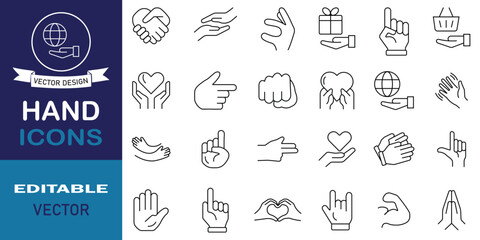 Hand line icons set. Set of 24 outline icons including handshake, fingers, thumb up, ok, support, like, point, touch, pray and more. Vector illustration.