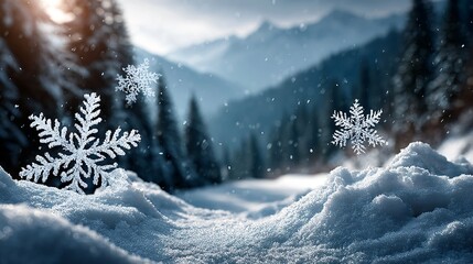 winter forest landscape with snowflakes, snowy mountain scene with frosty pine trees
