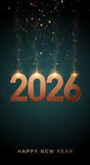 Numeric 2026 with a rough metallic texture on teal backdrop, with falling golden sparks, symbolizing new year celebration and festive beginning