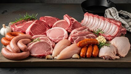 Assorted raw meats on wooden board with sausages and herbs