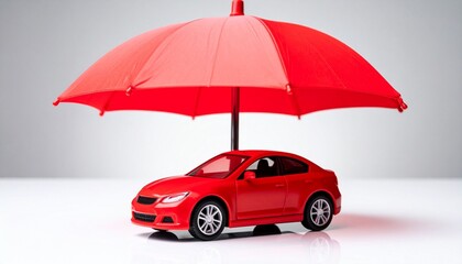 Red Toy Car Under Large Red Umbrella on Wooden Surface with Natural Outdoor Background
