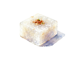 Delicious Cube Dessert: An exquisite watercolor depiction of a delicate, cube-shaped dessert. The translucent dessert is adorned with a sprinkle of toppings, evoking feelings of culinary artistry.