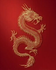 Fototapeta premium dragon silhouette smooth gold contour red backdrop clear center zone for messaging