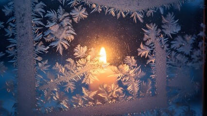 A candle burning behind a window covered in frost patterns creating a winter scene indoors at night