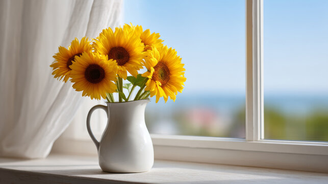Bright yellow sunflowers bouquet on kitchen windowsill for cheerful home decor - Powered by Adobe