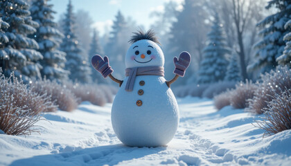 Cheerful snowman with scarf and mittens stands in snowy forest path, surrounded by frosted trees and bushes, creating joyful winter scene