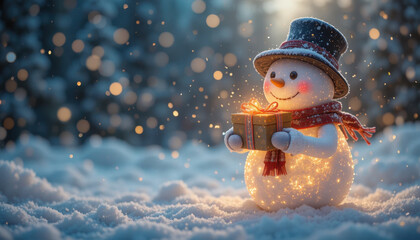 Cheerful snowman with glowing gift stands in snowy landscape, surrounded by twinkling lights and forest backdrop, evoking festive and magical winter atmosphere