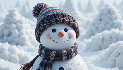 Cheerful snowman with striped hat and scarf stands in snowy landscape, surrounded by snow covered trees. snowman carrot nose and coal eyes add to its charm