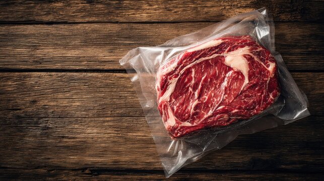 A piece of raw meat is packed in a vacuum-sealed bag and placed on a wooden table. This cut of meat is ready for cooking or meal preparation in a kitchen setting - Powered by Adobe