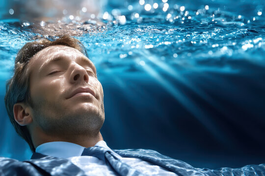 Man in business suit floating underwater in a serene blue environment during daytime - Powered by Adobe